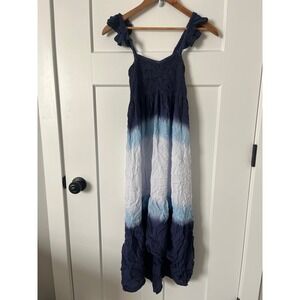 Raviya Blue White Tie Dye Smocked Ruffle Strap Beach Cover Up Maxi Dress Small